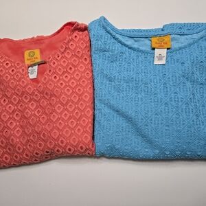 Bundle Of 2 Ruby Rd Coral and Blue Textured 3/4 Sleeve Tops